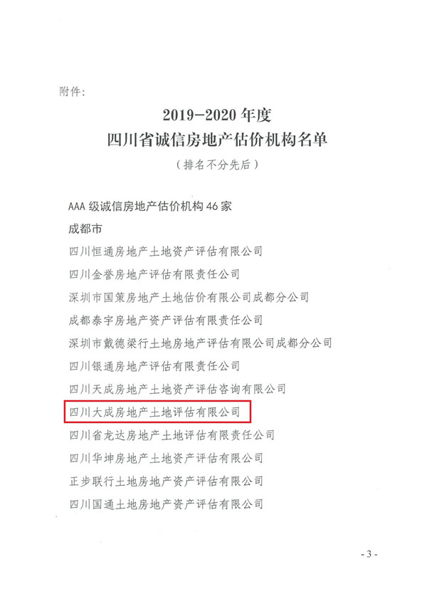 我公司荣获“2019-2020年度四川省AAA级诚信房地产估价机构”